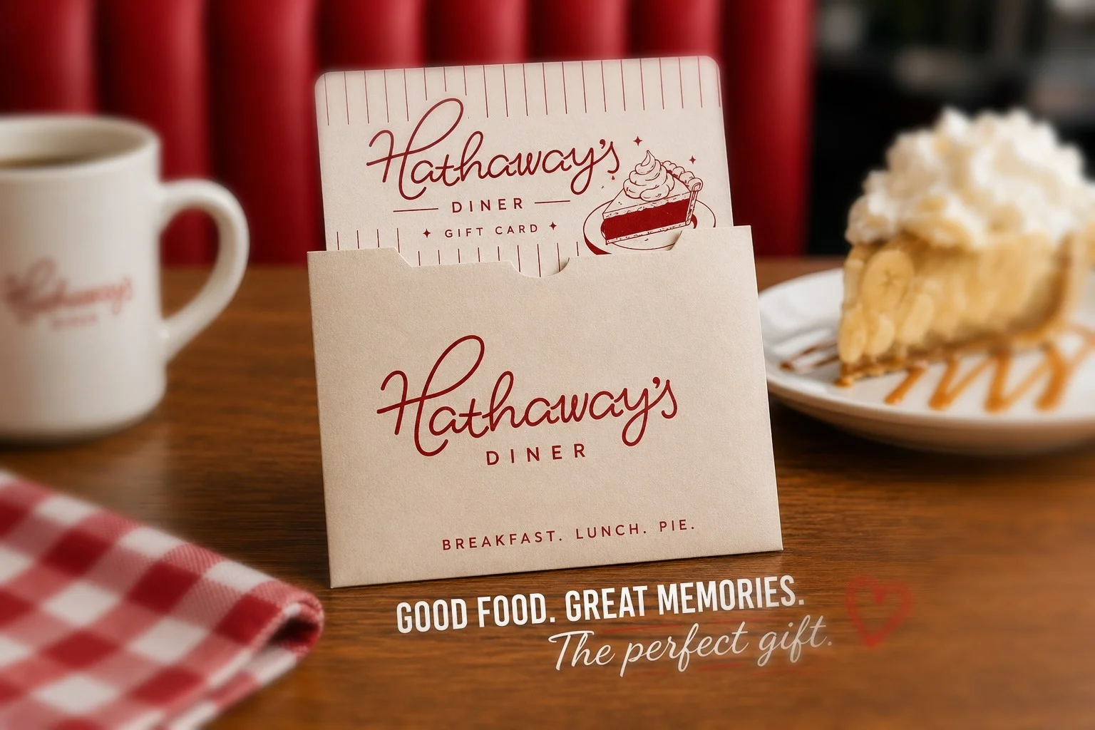 Hathaway's Diner gift card with a slice of pie and coffee